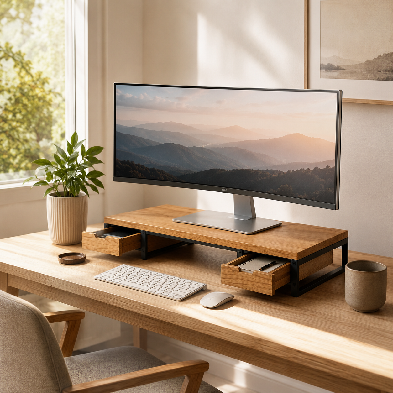 Solid Oak Monitor Riser & Desk Organizer
